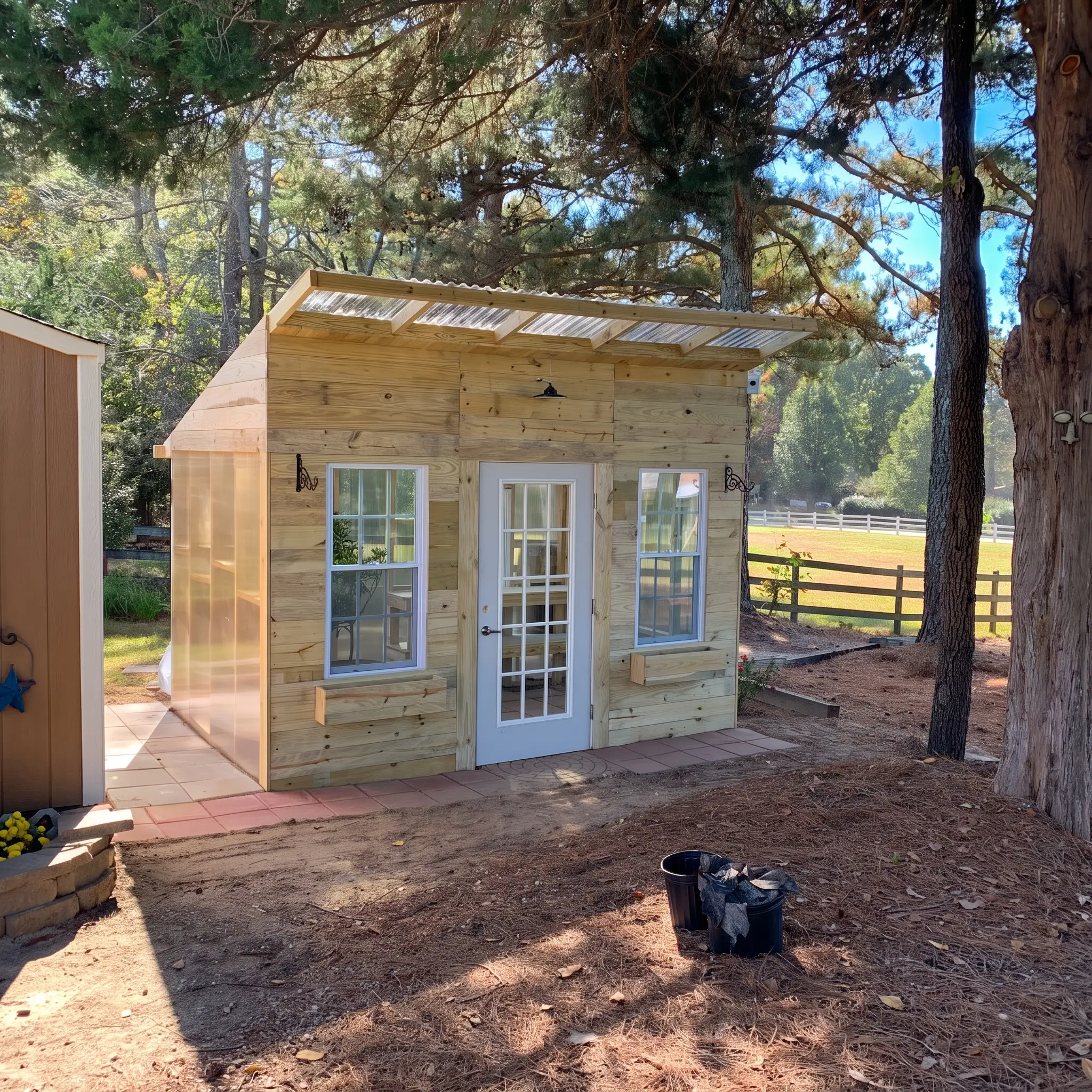 Custom-built cedar greenhouse with a glass door and window boxes, built by JND Home Solutions