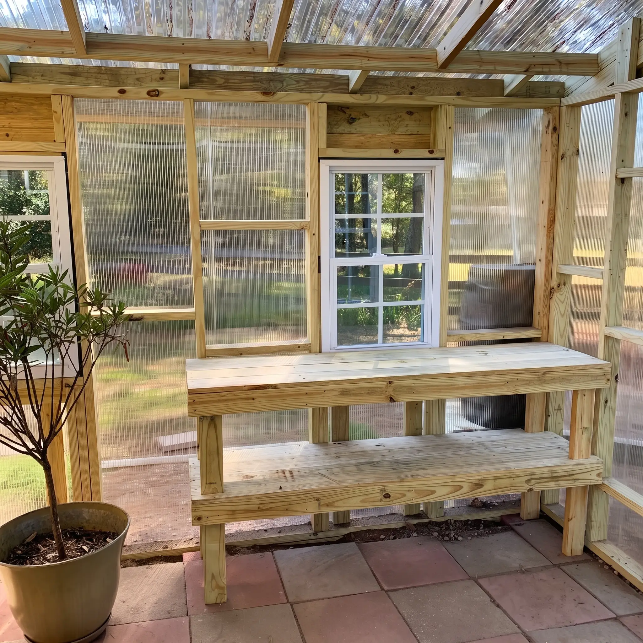 Custom cedar greenhouse interior detail